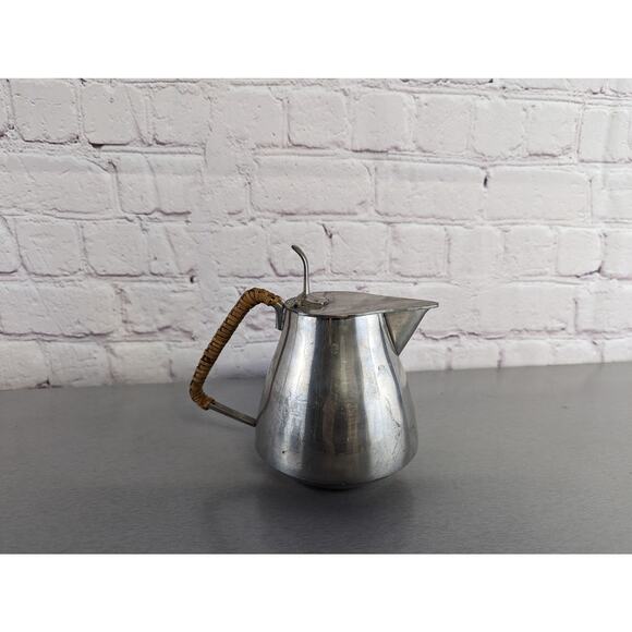 5 Piece MCM Fred Dodson Pewter and Whicker Coffee Tea Set - Picture 3 of 5